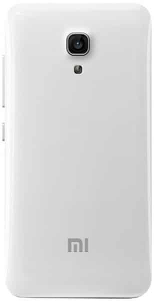 Xiaomi Mi-2A rear view, white smartphone with camera and Mi logo