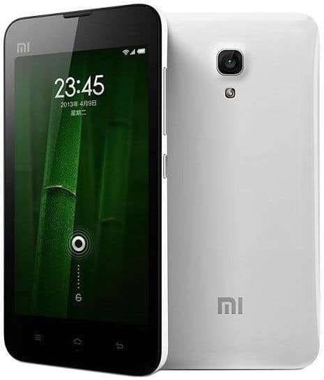 Xiaomi Mi-2A front and rear view, white phone with black screen displaying time 23:45, camera visible on back