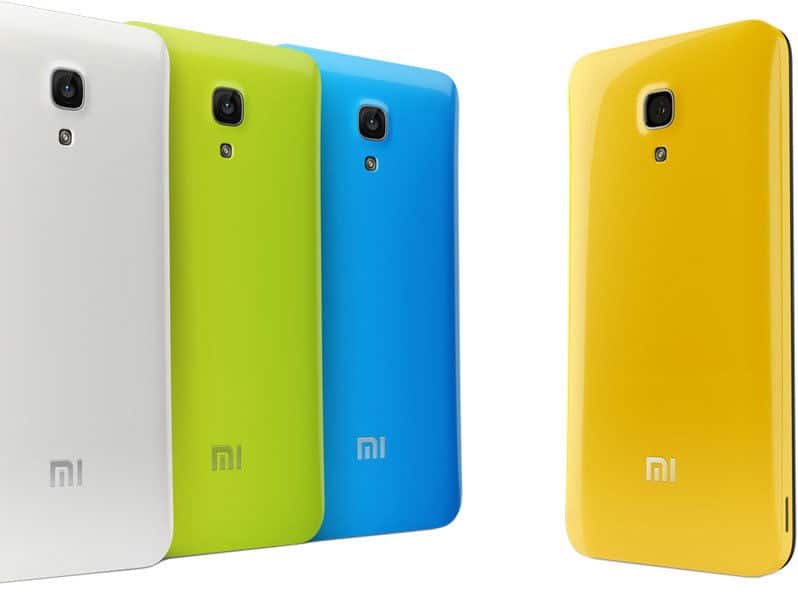 Xiaomi Mi-2A rear view in white, lime green, blue, and yellow color options, each showing camera and logo
