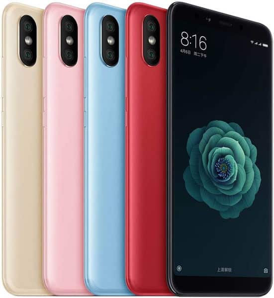 Xiaomi Mi 6X in five color options: cream, pink, blue, red, and black, shown from rear and front views displaying dual cameras and home screen