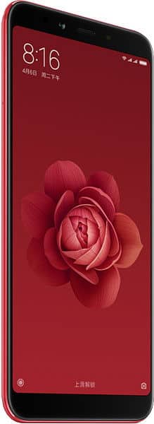 Xiaomi Mi 6X front view, red model with rose flower on home screen displaying 8:16 time