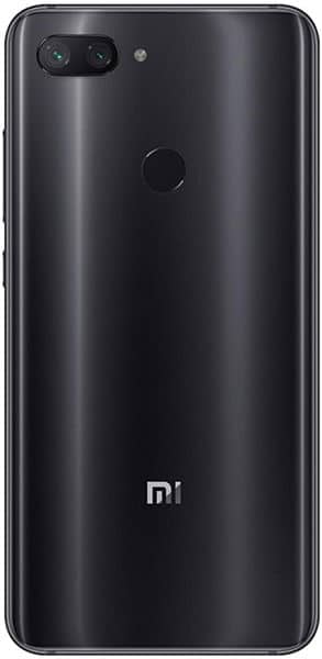 Xiaomi Mi 8 Lite rear view, black finish, dual rear cameras and fingerprint sensor visible