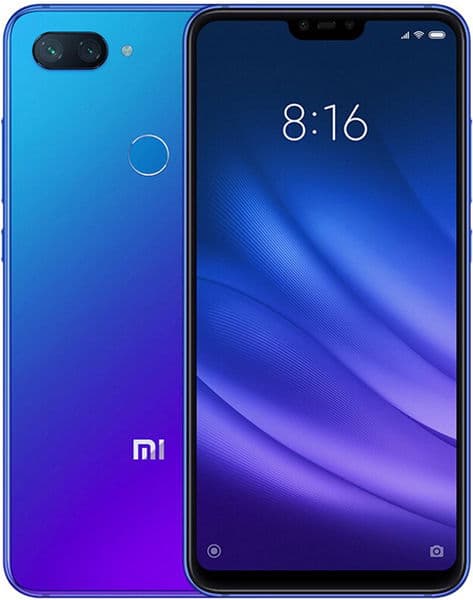 Xiaomi Mi 8 Lite front and rear view, blue gradient finish, dual rear cameras, notched display showing 8:16 time