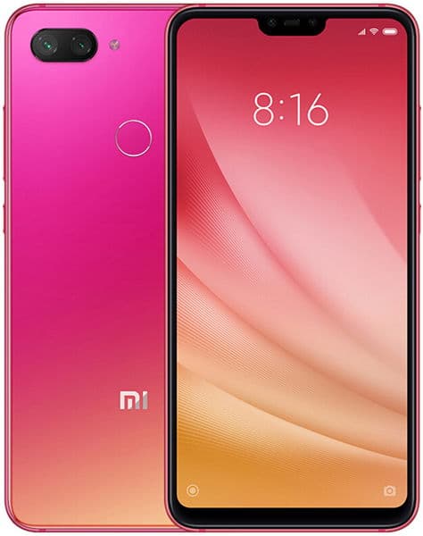 Xiaomi Mi 8 Lite front and rear view, pink gradient finish with dual rear cameras and fingerprint sensor, screen displaying time 8:16