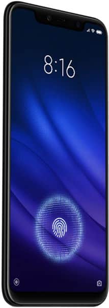 Xiaomi Mi 8 Pro front view, displaying time 8:16 on blue gradient screen with fingerprint sensor icon visible