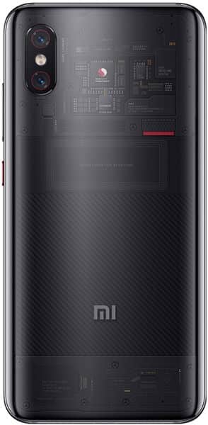 Xiaomi Mi 8 Pro rear view, black with dual camera and Mi logo visible, transparent back showing circuit board design
