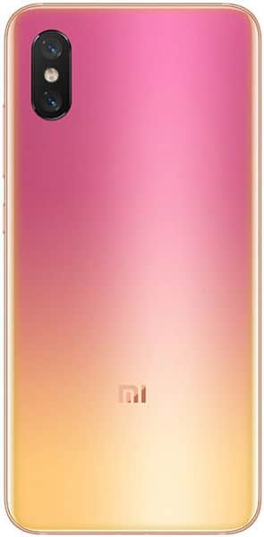 Xiaomi Mi 8 Pro rear view, pink-to-yellow gradient back with dual camera and Xiaomi logo