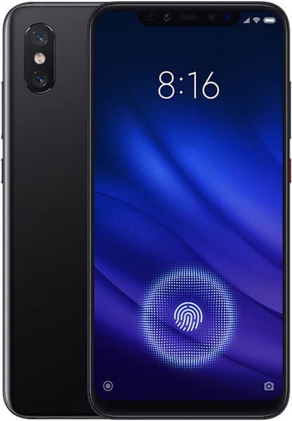 Xiaomi Mi 8 Pro front view, black, displaying time 8:16 and fingerprint sensor icon on blue screen