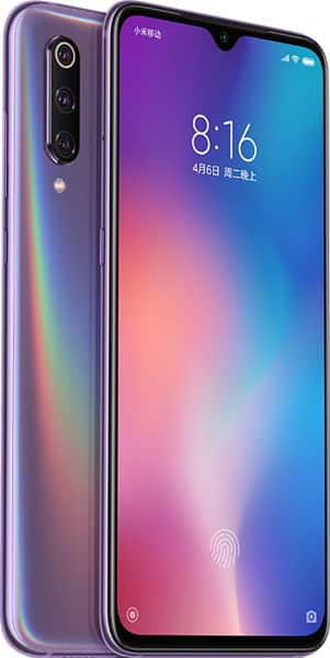 Xiaomi Mi 9 in purple, rear view shows triple cameras and gradient finish; front view displays screen with date and fingerprint icon.