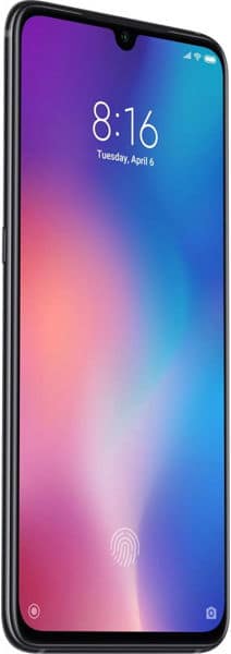 Front view of black Xiaomi Mi 9 with gradient screen, time 8:16, date April 6, and an in-display fingerprint sensor icon.