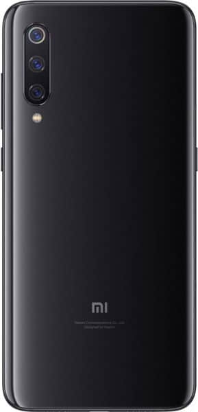 Rear view of black Xiaomi Mi 9 showing triple cameras in vertical alignment, flash below, and "mi" logo at bottom.