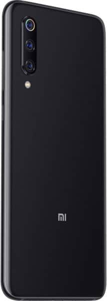 Rear view of black Xiaomi Mi 9 showing three vertical cameras, top-left flash, and centered "mi" logo near the bottom.
