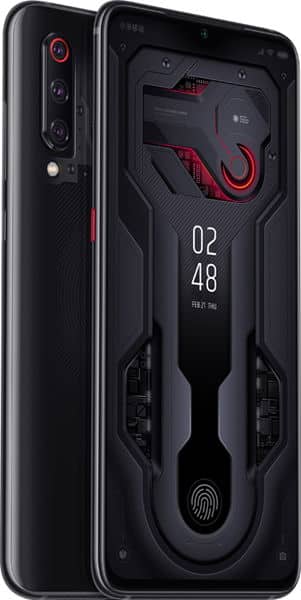 Rear view of black Xiaomi Mi 9 showing transparent back, red accents, triple cameras; front shows 02:48, Feb 21, in-screen fingerprint.