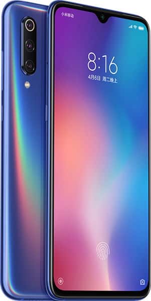 Blue Xiaomi Mi 9 shown front and back; triple rear cameras, gradient finish, 8:16 display with on-screen fingerprint icon.