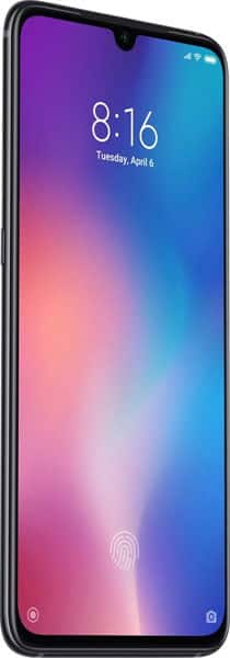 Xiaomi Mi 9 SE front view with gradient display showing time 8:16, fingerprint sensor at bottom center, and waterdrop notch at top