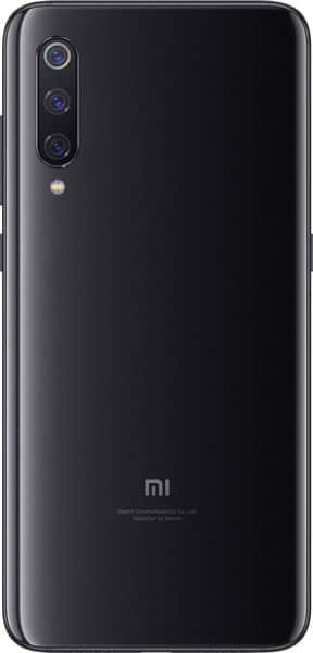 Xiaomi Mi 9 SE rear view, black, showing triple camera array and mi logo