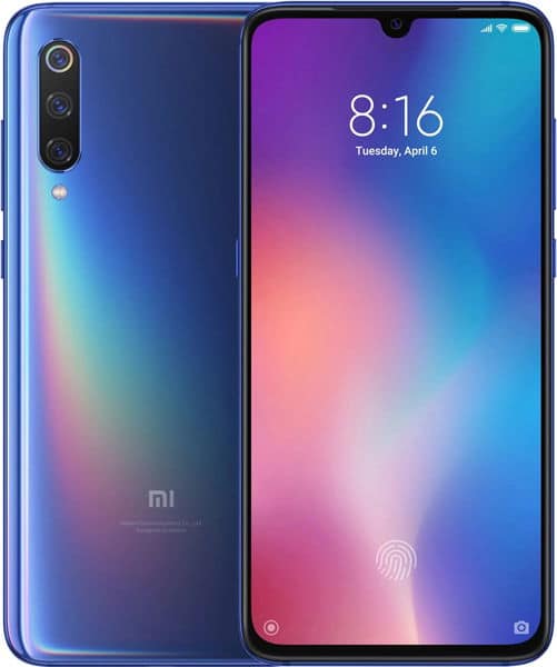 Xiaomi Mi 9 SE front view, blue gradient back, displaying lock screen with time 8:16 and gradient wallpaper
