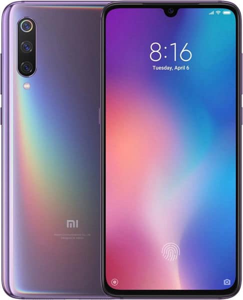 Xiaomi Mi 9 SE front and rear view, gradient purple-to-blue finish with triple rear camera and waterdrop notch display showing time 8:16