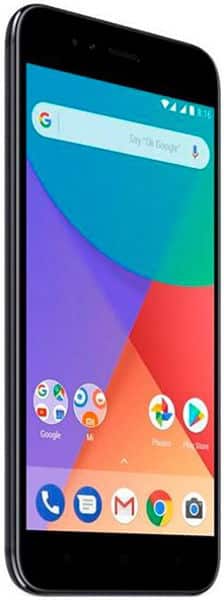 Xiaomi Mi A1 front view, displaying home screen with Google search bar, colorful wallpaper, and app icons including Phone, Messages, Gmail, Chrome, and Maps