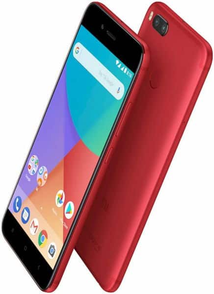 Xiaomi Mi A1 shown from front and rear angles, red device with colorful Android home screen display and dual rear camera