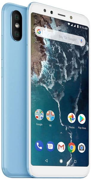 Xiaomi Mi A2 in light blue, shown from front and rear angles with screen displaying home screen and Google search bar