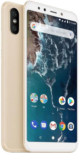 Xiaomi Mi A2 front and rear view, white and gold, displaying home screen with Google search bar and app icons
