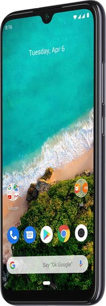 Xiaomi Mi A3 front view with turquoise display showing beach wallpaper, date, and home screen icons