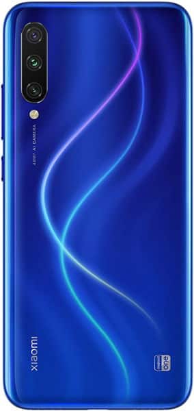 Xiaomi Mi A3 rear view, blue gradient design with glowing wave pattern and triple-lens camera setup