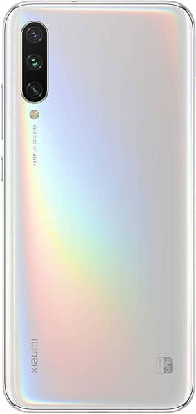Xiaomi Mi A3 rear view, white finish with iridescent gradient, triple camera module, displayed against white background