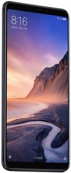 Xiaomi Mi Max 3 front view displaying landscape scene with mountains and river on screen, showing 8:16 time display