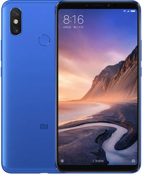Xiaomi Mi Max 3 front and rear view, blue, showing dual rear camera and home screen with landscape wallpaper