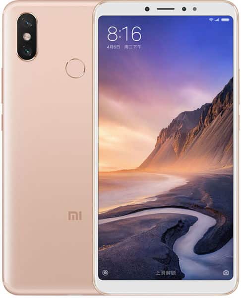 Xiaomi Mi Max 3 in rose gold, front and back view, showing dual rear cameras, large display with landscape wallpaper, and fingerprint sensor