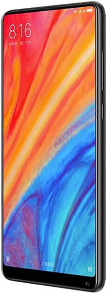 Front view of Xiaomi Mi Mix 2S with black frame, bezel-less display, colorful wallpaper, time 8:16, and app icons visible.