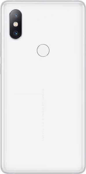 Rear view of white Xiaomi Mi Mix 2S showing vertical dual camera with flash, central fingerprint sensor, and minimal lower branding.