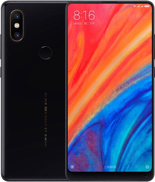 Xiaomi Mi Mix 2S in black shown front and rear; front has abstract wallpaper, rear shows dual cameras and "MIX DESIGNED BY XIAOMI.
