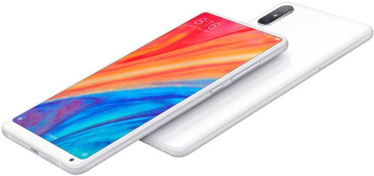 Xiaomi Mi Mix 2S in white, front view with display on and rear view showing single camera and flash. Slim, rounded design.