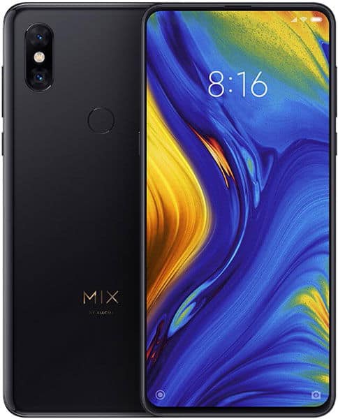 Xiaomi Mi Mix 3 front view, black phone with dual rear cameras, displaying colorful blue and yellow abstract wallpaper on screen showing 8:16 time