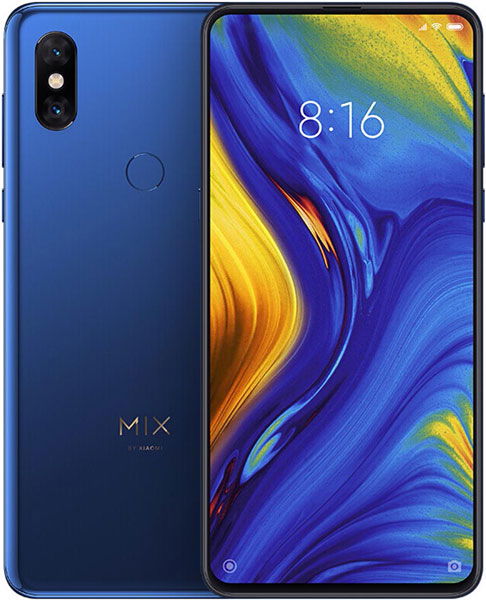 Xiaomi Mi Mix 3 rear view showing colorful gradient abstract design with blue, purple, yellow, and red tones