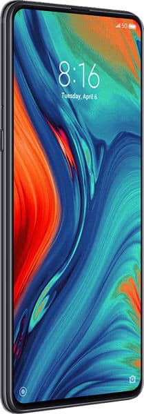 Xiaomi Mi Mix 3 5G, front view, showing colorful abstract wallpaper with time and date on screen