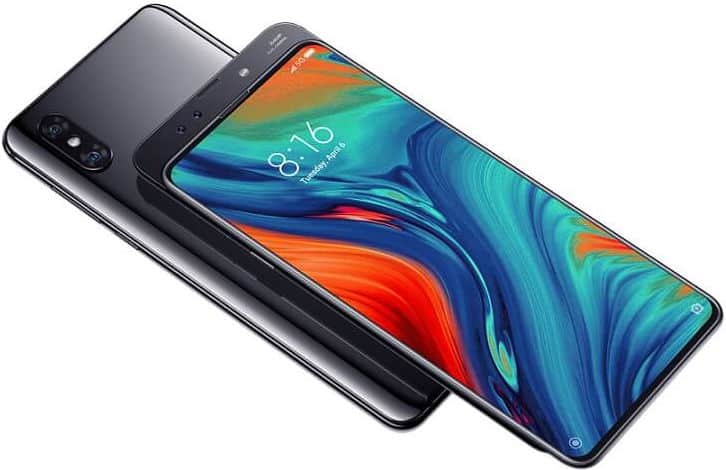 Xiaomi Mi Mix 3 5G front and rear view, black phone with colorful display showing time and wallpaper with blue, orange, and teal gradient
