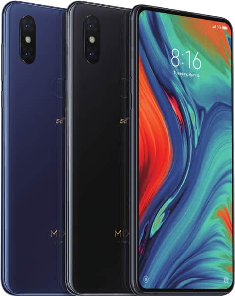 Xiaomi Mi Mix 3 5G front and rear view showing blue and black models with dual rear cameras and colorful display