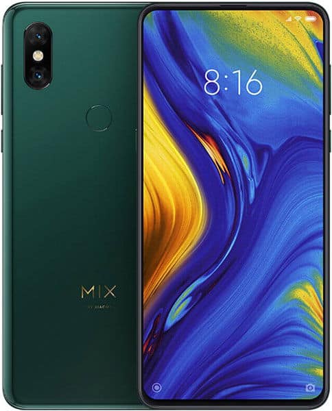 Xiaomi Mi Mix 3 front view, green back with dual rear camera and fingerprint sensor, display showing time 8:16 with blue and yellow wallpaper
