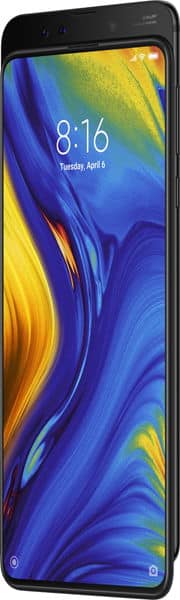 Xiaomi Mi Mix 3 front view, displaying colorful blue and yellow abstract wallpaper on screen with time 8:16 shown