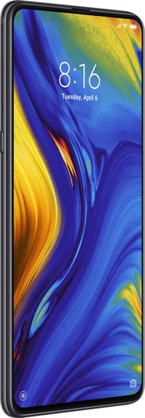 Xiaomi Mi Mix 3 front view, displaying colorful blue and yellow abstract wallpaper with time and date on screen