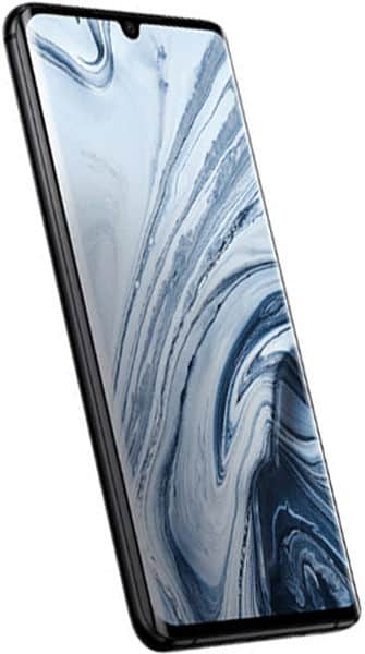 Xiaomi Mi Note 10 front view with black frame and display showing blue marble wallpaper pattern