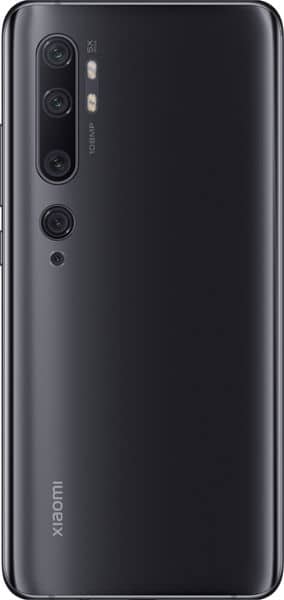 Xiaomi Mi Note 10 rear view, showing black finish with five-lens camera array and LED flash arranged vertically
