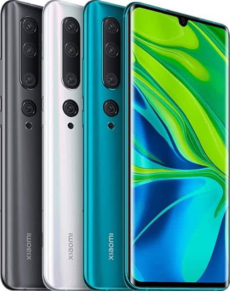 Xiaomi Mi Note 10 in black, white, and teal, shown from rear and front views displaying quad camera system and green-blue gradient screen