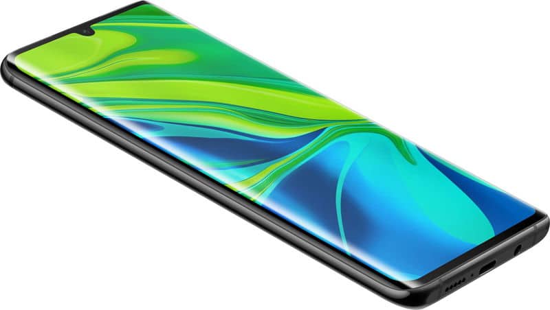 Xiaomi Mi Note 10 front view, screen-on displaying green and blue wallpaper with curved wave design