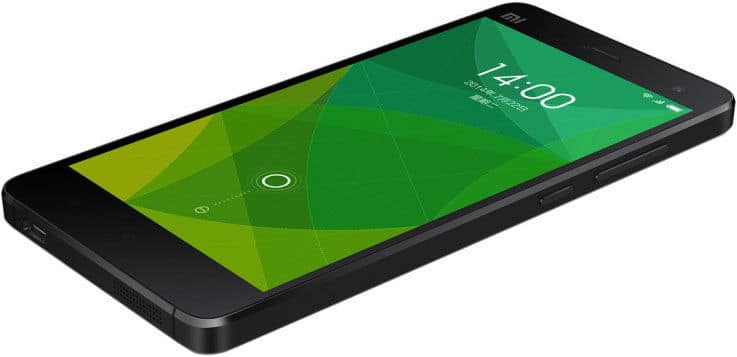 Xiaomi Mi4 smartphone from front angle, displaying green lock screen with time 4:00, black frame and bezels