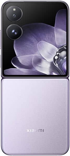 Xiaomi Mix Flip open, showing purple-tinted display with flower graphic and dual rear cameras on dark upper panel, light lavender lower panel
